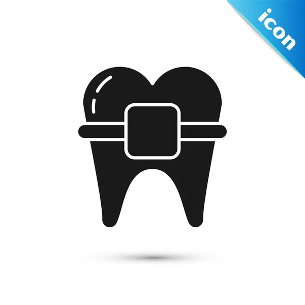 Black Teeth with braces icon isolated on white background. Alignment of bite of teeth, dental row with with braces. Dental concept. Vector Illustration — 스톡 벡터