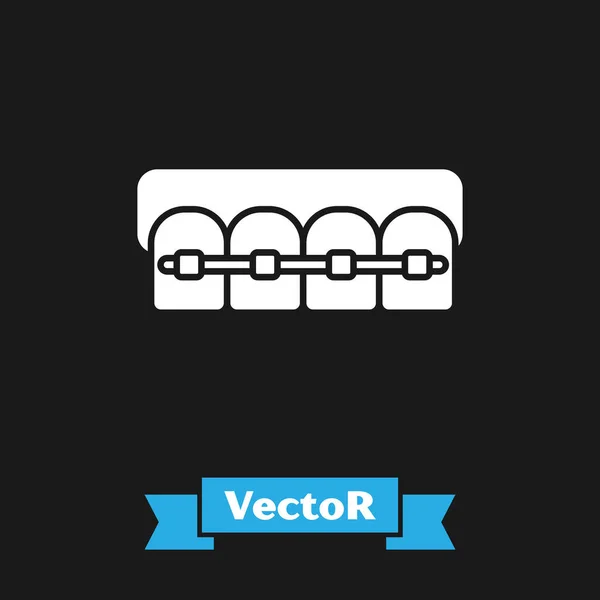 Dentes brancos com aparelho ícone isolado no fundo preto. Alinhamento de mordida de dentes, linha dental com aparelho. Conceito dentário. Ilustração vetorial — Vetor de Stock