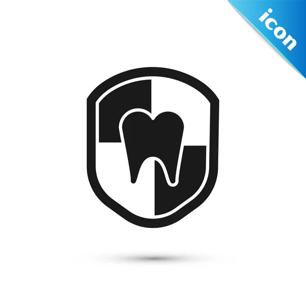 Чорна піктограма захисту зубів ізольована на білому тлі. Зуб на логотипі щита. Векторна ілюстрація — стоковий вектор