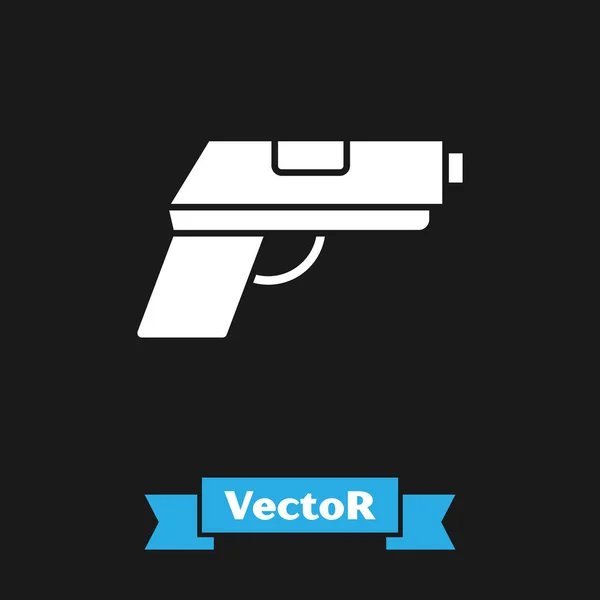 Pistola blanca o pistola icono aislado sobre fondo negro. Pistola policial o militar. Arma pequeña. Ilustración vectorial — Vector de stock