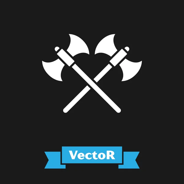 White Crossed medieval axes icon isolated on black background. Battle axe, executioner axe. Vector Illustration — Stock Vector