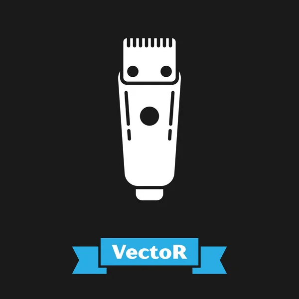 Weiße elektrische Haarschneidemaschine oder Rasierer Symbol isoliert auf schwarzem Hintergrund. Barbershop-Symbol. Vektorillustration — Stockvektor