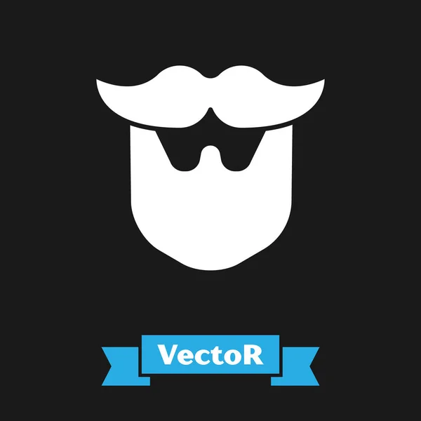 Icono de bigote blanco y barba aislado sobre fondo negro. Símbolo de barbería. Estilo de pelo facial. Ilustración vectorial — Vector de stock