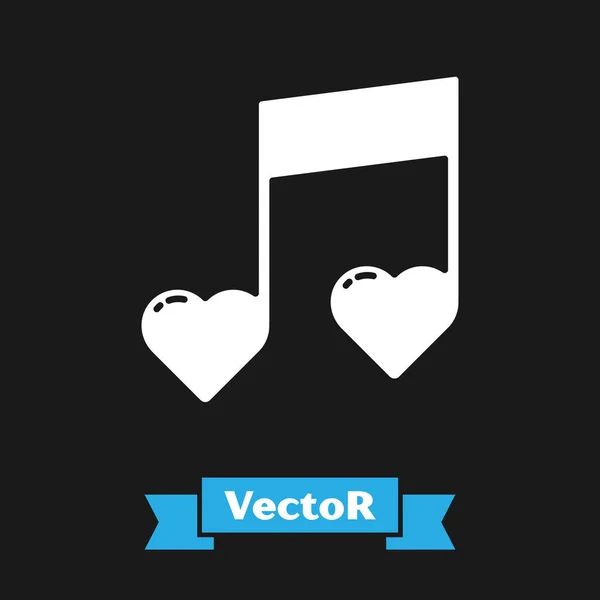 Weiße Note, Ton mit Herz-Symbol isoliert auf schwarzem Hintergrund. Valentinstag. Vektorillustration — Stockvektor