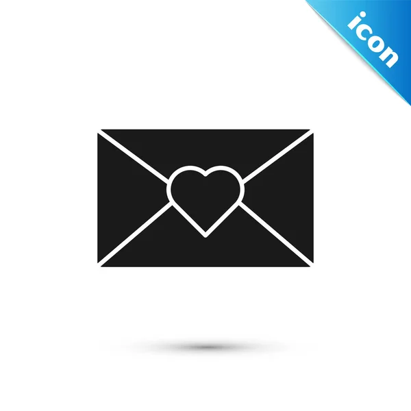 Schwarzer Umschlag mit Valentinsherz-Symbol auf weißem Hintergrund. Botschaft Liebe. Brief Liebe und Romantik. Vektorillustration — Stockvektor