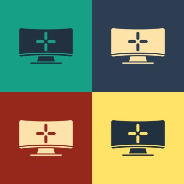 Renkli Bilgisayar monitörü simgesi renk arkaplanında izole edildi. Bilgisayar bileşeni işareti. Klasik tarzda çizim. Vektör İllüstrasyonu