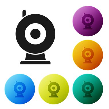 Siyah Web kamera simgesi beyaz arka planda yalıtılmış. Sohbet kamera. Web Kamerası simgesi. Simgeler renkli daire düğmelerini ayarlayın. Vektör Illustration