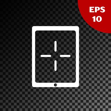 Beyaz taşınabilir video oyun konsolu simgesi şeffaf koyu arkaplanda izole edildi. Av alanı tabelası. Oyun konsepti. Vektör İllüstrasyonu