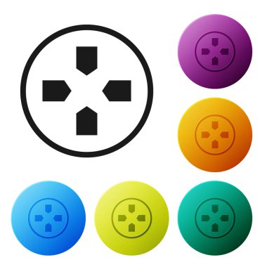 Siyah Oyun Alanı simgesi beyaz arkaplanda izole edildi. Oyun kontrolörü. Renkli daire düğmelerini ayarlayın. Vektör İllüstrasyonu