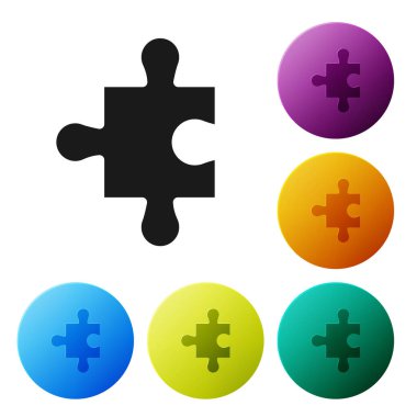 Beyaz arka planda yalıtılmış siyah bulmaca simgesi. Modern düz, iş, pazarlama, finans, internet kavramı. Simgeleri renkli daire düğmeleri ayarlayın. Vektör İllüstrasyonu