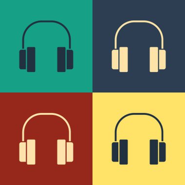 Renkli kulaklık simgesi renk arkaplanında izole edildi. Kulaklıklar. Müzik, hizmet, iletişim ve operatör konsepti. Klasik tarzda çizim. Vektör İllüstrasyonu