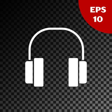 Beyaz kulaklık simgesi, saydam koyu arkaplanda izole edilmiş. Kulaklıklar. Müzik, hizmet, iletişim ve operatör konsepti. Vektör İllüstrasyonu
