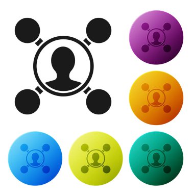 Siyah Paylaşım simgesi beyaz arkaplanda izole edildi. Paylaşma, iletişim piktogramı, sosyal medya, bağlantı, ağ, dağıtım. Renkli daire düğmelerini ayarlayın. Vektör İllüstrasyonu