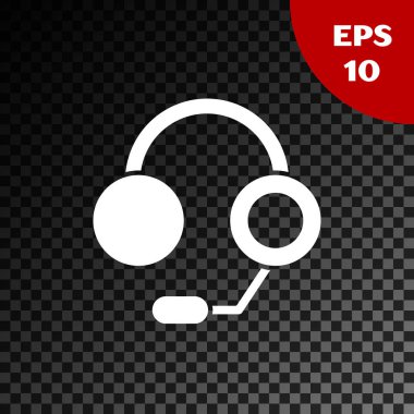 Beyaz kulaklık simgesi, saydam koyu arkaplanda izole edilmiş. Kulaklıklar. Müzik, hizmet, iletişim ve operatör konsepti. Vektör İllüstrasyonu