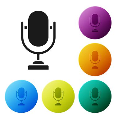 Beyaz arkaplanda siyah mikrofon simgesi izole edildi. Radyodaki mikrofondan. Sözcü işareti. Renkli daire düğmelerini ayarlayın. Vektör İllüstrasyonu