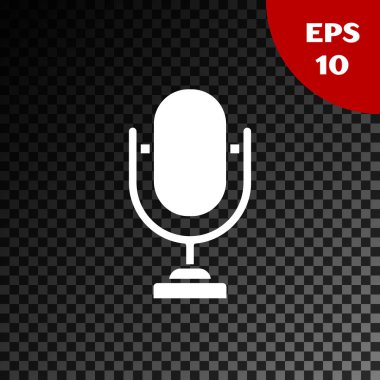 Beyaz Mikrofon simgesi şeffaf koyu arkaplanda izole edildi. Radyodaki mikrofondan. Sözcü işareti. Vektör İllüstrasyonu