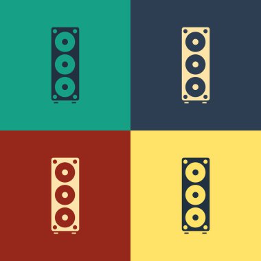 Renkli Stereo hoparlörü simgesi renk arkaplanında izole edildi. Ses sistemi hoparlörleri. Müzik ikonu. Müzikal sütun hoparlörü. Klasik tarzda çizim. Vektör İllüstrasyonu