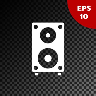 Beyaz Stereo hoparlör simgesi şeffaf koyu arkaplanda izole edildi. Ses sistemi hoparlörleri. Müzik ikonu. Müzikal sütun hoparlörü. Vektör İllüstrasyonu