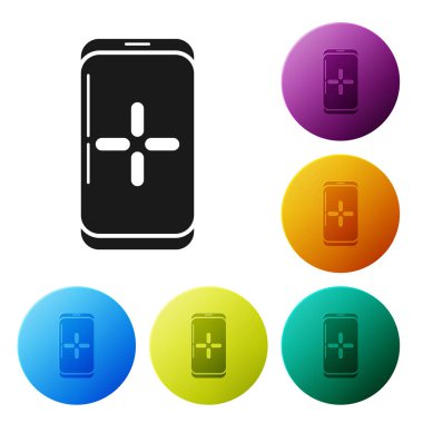 Siyah Akıllı Telefon ve oyun simgesinde oynamak beyaz arkaplanda izole edilmiş. Mobil oyun konsepti. Renkli daire düğmelerini ayarlayın. Vektör İllüstrasyonu