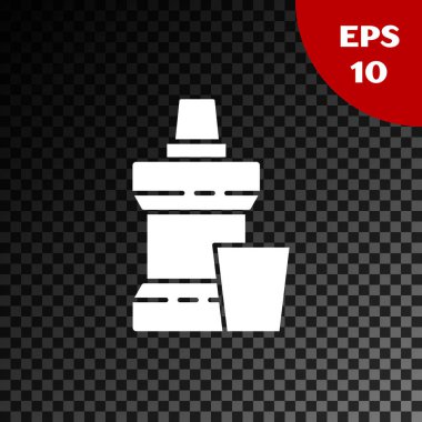 Beyaz ağız gargarası plastik şişe ve cam ikon şeffaf koyu arkaplanda izole edilmiş. Ağzını çalkalamak için sıvı. Ağız bakım ekipmanları. Vektör İllüstrasyonu