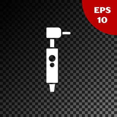 Beyaz Diş sondaj simgesi şeffaf koyu arkaplanda izole edildi. Delme ve öğütme aletleri için el işi. Vektör İllüstrasyonu