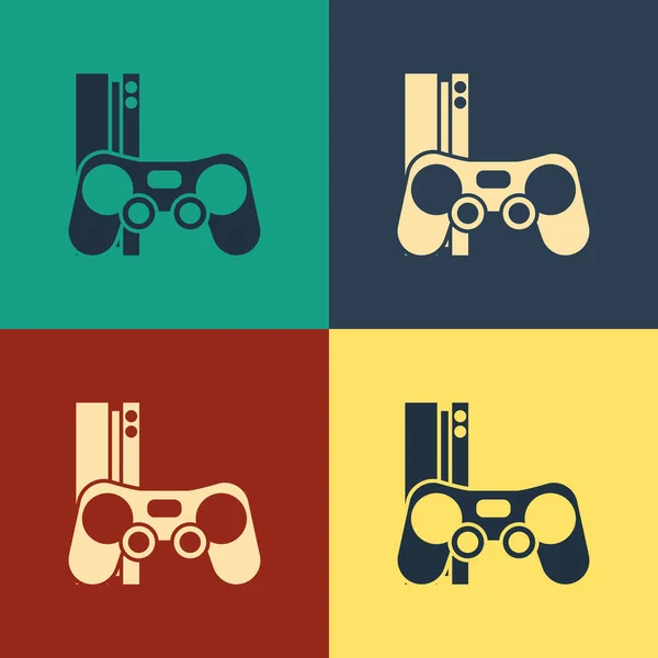 Color Video game console with joystick icon isolated on color background. Vintage style drawing. Vector Illustration — Stock Vector