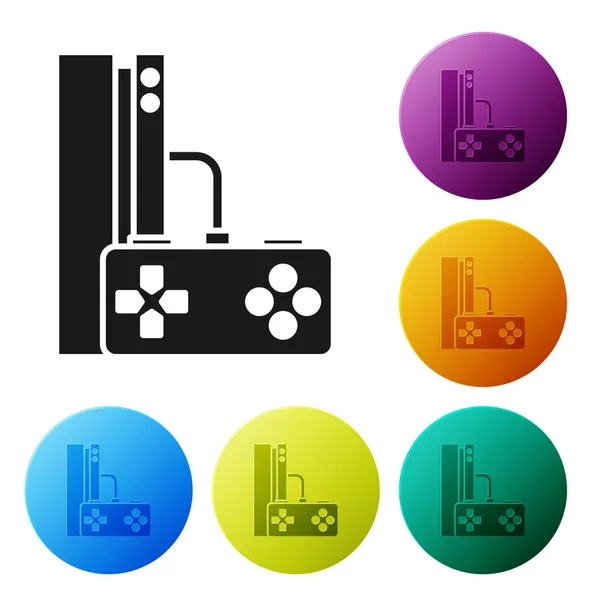 Black Video game console with joystick icon isolated on white background. Set icons colorful circle buttons. Vector Illustration — Stock Vector
