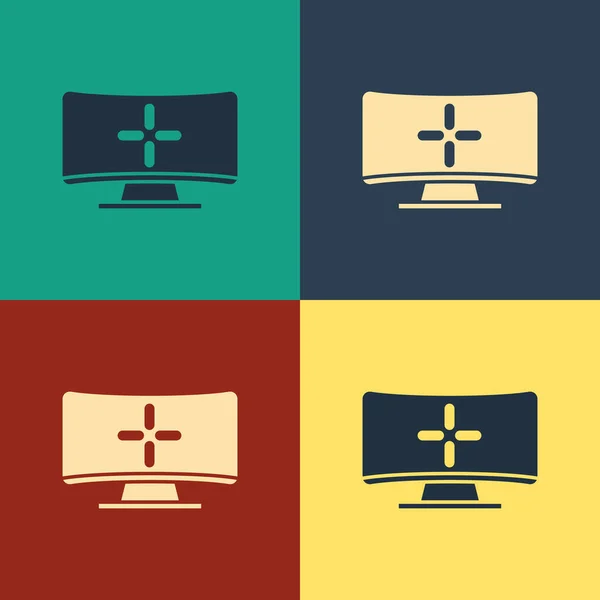 Farb-Computerbildschirm-Symbol isoliert auf farbigem Hintergrund. PC-Komponenten-Zeichen. Vintage-Stil Zeichnung. Vektorillustration — Stockvektor