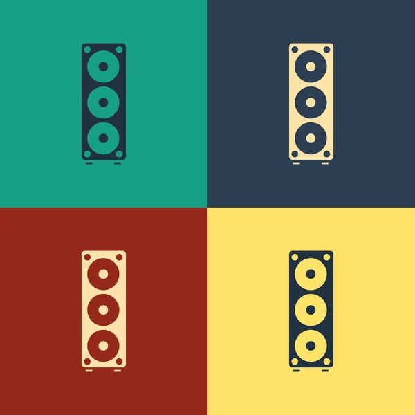 Color Icono de altavoz estéreo aislado sobre fondo de color. Altavoces del sistema de sonido. Icono musical. Equipo de altavoz de columna musical bajo. Dibujo de estilo vintage. Ilustración vectorial — Vector de stock