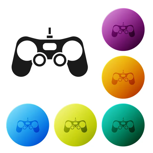 Ikon Black Gamepad diisolasi pada latar belakang putih. Pengontrol permainan. Mengatur ikon berwarna-warni tombol lingkaran. Ilustrasi Vektor - Stok Vektor