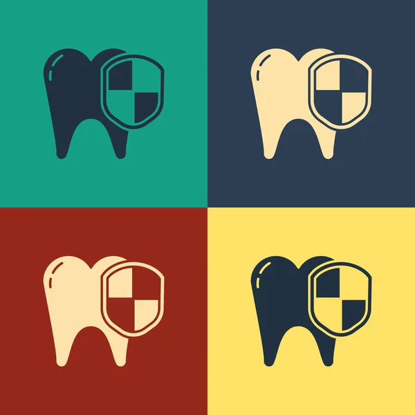 Color Icono de protección dental aislado sobre fondo de color. Diente con logo de escudo. Dibujo de estilo vintage. Ilustración vectorial — Vector de stock
