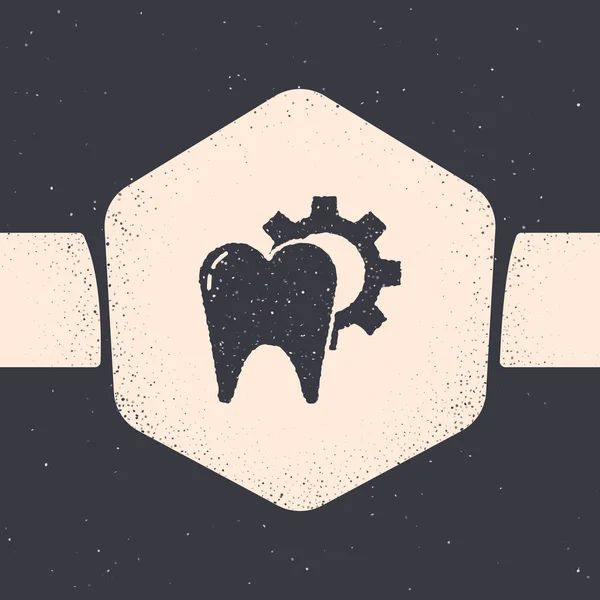 Grunge Zahn Behandlung Symbol isoliert auf grauem Hintergrund. Zahnreparatur mit Zahnrad. Monochrome Vintage-Zeichnung. Vektorillustration — Stockvektor