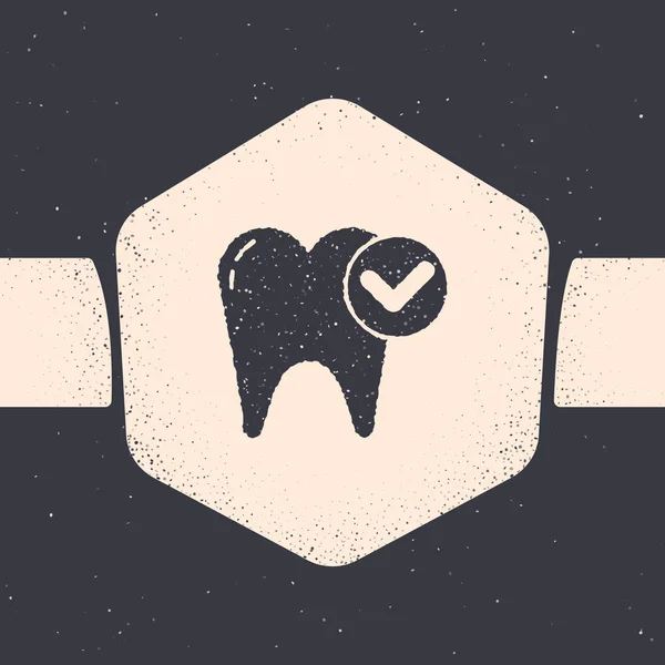 Grunge Dente branqueamento ícone conceito isolado no fundo cinza. Símbolo de dente para clínica odontológica ou centro médico dentista. Desenho vintage monocromático. Ilustração vetorial —  Vetores de Stock