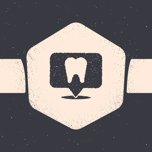 Grunge Ícone de localização clínica dentária isolado em fundo cinza. Desenho vintage monocromático. Ilustração vetorial —  Vetores de Stock
