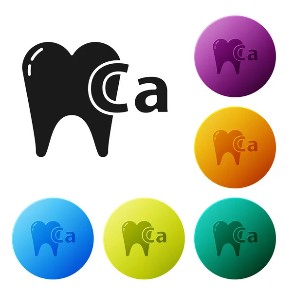 Чорний кальцій для значка зуба ізольовано на білому тлі. Символ зуба для стоматологічної клініки або стоматологічного медичного центру. Вкажіть піктограми барвистих кнопок кола. Векторна ілюстрація — стоковий вектор