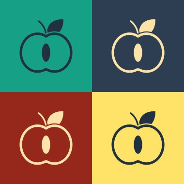 Renk arka planda yalıtılmış renk Apple simgesi. Yaprak sembolü olan meyve. Vintage tarzı çizim. Vektör İllüstrasyonu