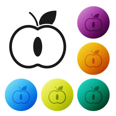Beyaz arka planda izole siyah elma simgesi. Yaprak sembollü meyve. Simgeler renkli daire düğmelerini ayarlayın. Vektör Illustration