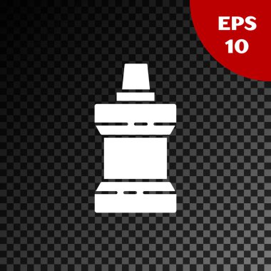 Beyaz ağız gargarası plastik şişe simgesi şeffaf koyu arkaplanda izole edilmiş. Ağzını çalkalamak için sıvı. Ağız bakım ekipmanları. Vektör İllüstrasyonu