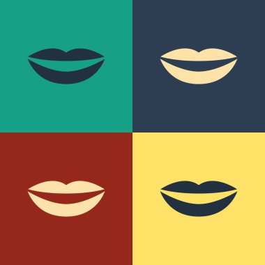 Renkli gülümseyen dudak simgesi renk arkaplanında izole. Gülümse. Klasik tarzda çizim. Vektör İllüstrasyonu