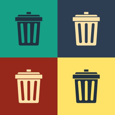 Renk Çöp Kutusu, renk arka planında yalıtılmış simge olabilir. Çöp kutusu tabelası. Sepet simgesini geri dönüştürün. Office çöp simgesi. Vintage tarzı çizim. Vektör İllüstrasyonu