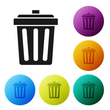 Siyah çöp kutusu beyaz arka planda yalıtılmış simgesi olabilir. Çöp kutusu işareti. Sepet simgesini geri dönüştürün. Office çöp kutusu simgesi. Simgeler renkli daire düğmelerini ayarlayın. Vektör Illustration