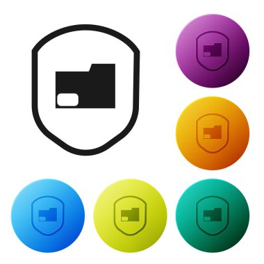 Beyaz arkaplanda siyah dosya koruma konsepti simgesi izole edildi. Gizli bilgi ve gizlilik fikri, koruma, kalkan. Renkli daire düğmelerini ayarlayın. Vektör İllüstrasyonu