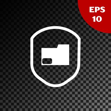 Beyaz Belge dosya koruma konsepti simgesi şeffaf koyu arkaplanda izole edildi. Gizli bilgi ve gizlilik fikri, koruma, kalkan. Vektör İllüstrasyonu