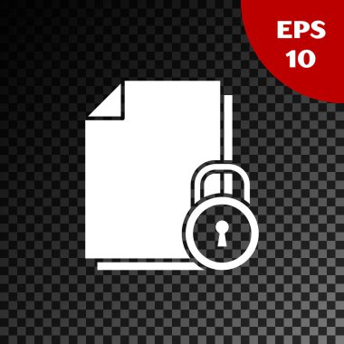 Beyaz Belge ve kilit simgesi şeffaf koyu arkaplanda izole edildi. Dosya biçimi ve asma kilit. Güvenlik, güvenlik, koruma kavramı. Vektör İllüstrasyonu
