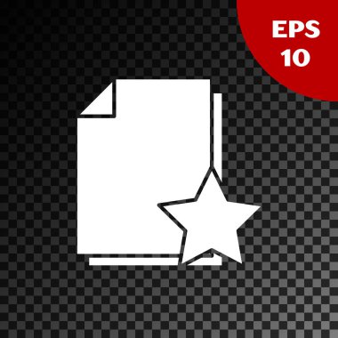 Şeffaf koyu arkaplanda yıldız simgesine sahip beyaz belge. En iyi belge, favori, derecelendirme sembolü. Vektör İllüstrasyonu