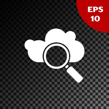 Beyaz Arama Bulut hesaplama simgesi şeffaf karanlık arkaplanda izole edildi. Büyüteç ve bulut. Vektör İllüstrasyonu