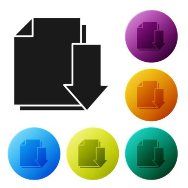 Beyaz arkaplanda indirme simgesine sahip Siyah Belge. Dosya belgesi sembolü. Renkli daire düğmelerini ayarlayın. Vektör İllüstrasyonu