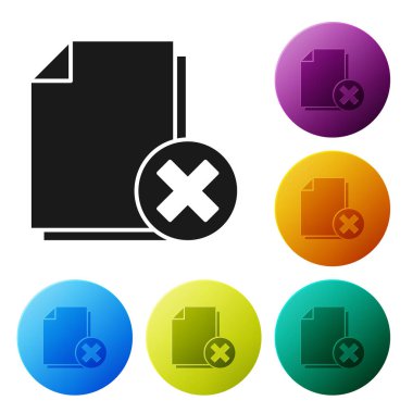 Siyah beyaz arka planda yalıtılmış dosya belge simgesini silin. Reddedilen belge simgesi. Kağıt üzerinde çapraz. Simgeler renkli daire düğmelerini ayarlayın. Vektör Illustration