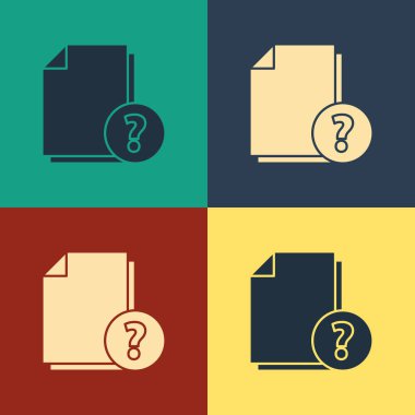 Renk arkaplanı üzerinde bilinmeyen belge simgesi izole edildi. Soru işareti olan dosya. Raporu, servisi ve küresel arama işaretini beklet. Klasik tarzda çizim. Vektör İllüstrasyonu