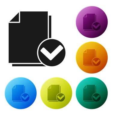 Siyah belge ve onay işareti simgesi beyaz arka planda yalıtılmış. Kontrol listesi simgesi. İş konsepti. Simgeler renkli daire düğmelerini ayarlayın. Vektör Illustration